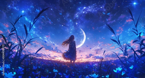 A girl standing under the stars, gazing at a crescent moon in the twilight sky. photo