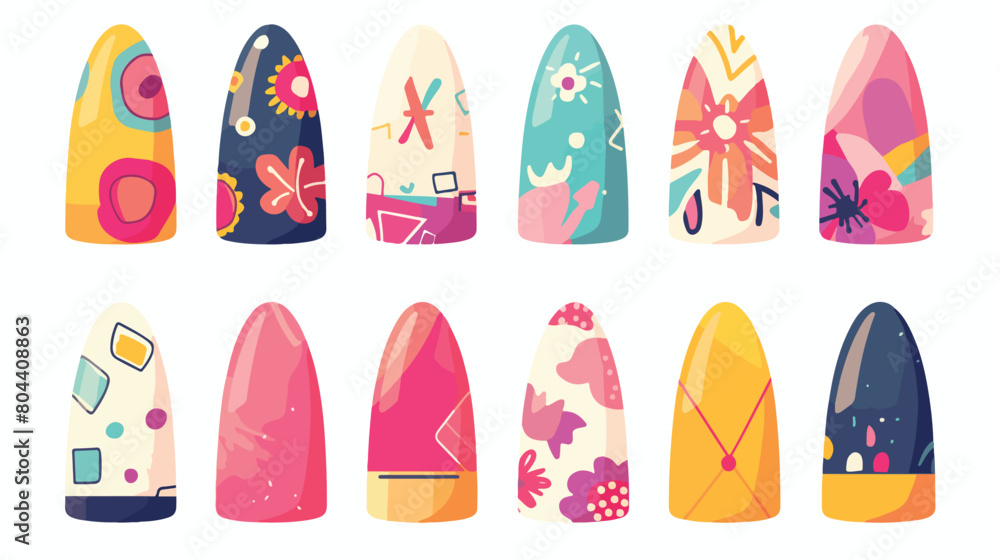 Nails shape icons set. Types of fashion bright colo