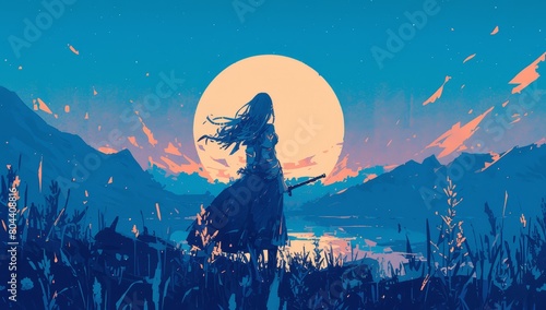 A girl standing under the stars, gazing at an elegant moon in the twilight sky.  photo