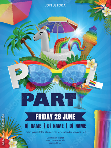 pride pool party poster with sunglasses and infalatables