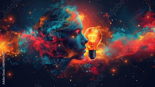 Vibrant Conceptual Art of Human Profile and Light Bulb Amid Cosmic Colors © AS Photo Family