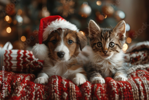 Cute kitten and puppy wearing Christmas hats sitting on a red blanket near presents in a room with a decorated tree. Created with AI