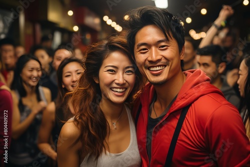 A young Asian couple is smiling and posing for a photo at a party. 