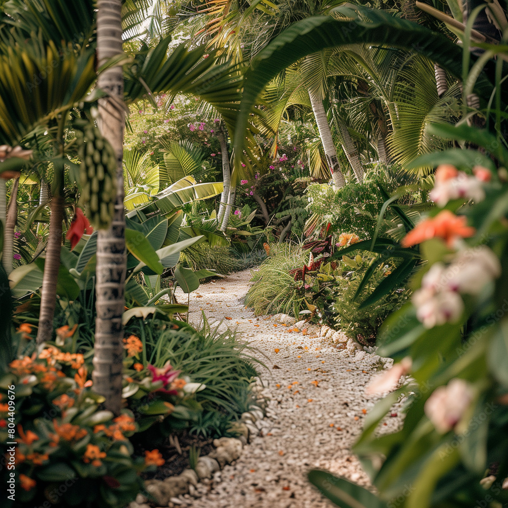 Fototapeta premium Serene Garden Pathway Surrounded by Lush Greenery and Vibrant Flowers