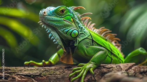 Closeup view of green iguana reptile animal in the nature wild forest. AI generated image