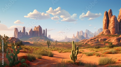 Cacti And Mountains In Desert Landscape - Generative AI
