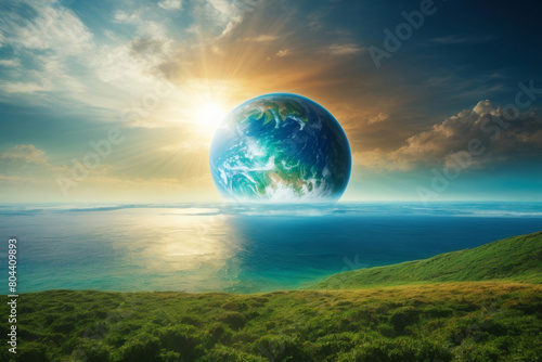 A view of a blue planet with green continents, the earth from the surface of another planet with an ocean and greenery. Rays of sunlight. © Светлана Мяндина
