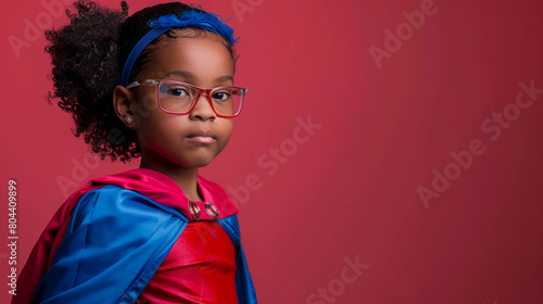 Young black girl in a superhero costume on a solid studio background