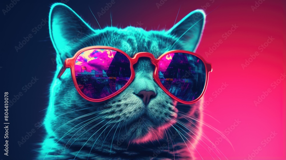 Cat With Sunglasses On Blue Pink Neon Retro Wallpaper - Generative AI