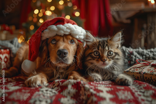 Cute cat and puppy in Christmas with a santa hat near the New Year's tree, gifts in the background. Created with AI