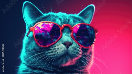 Cat With Sunglasses On Blue Pink Neon Retro Wallpaper - Generative AI