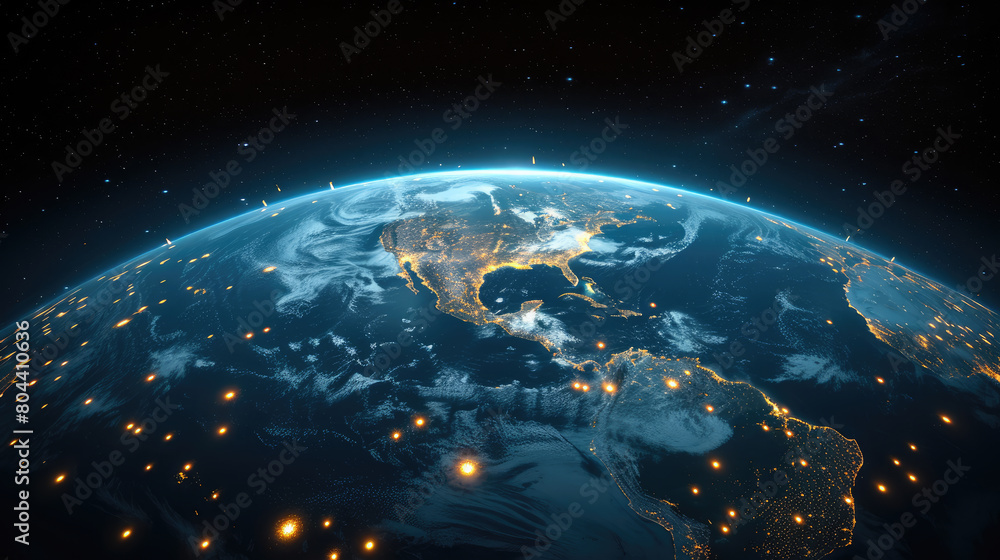 view of Earth from space showing an illuminated network of city lights