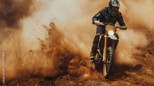 Dramatic trail motorbike passing through the desert with flying dust. AI generated image