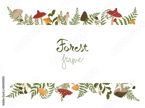 Mushrooms horisontal frame. Autumn illustration with forest mushrooms and fern leaves. Vector banner for web design, print, advertising, packaging. White background.