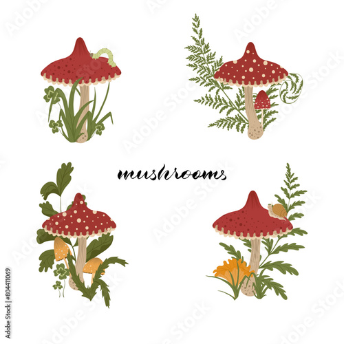 Mushrooms poster. Set of autumn amanita mushrooms with fern leaves, grass. Fall mushrooms for sticker, logo, children book, print. Isolated vector element. White background.