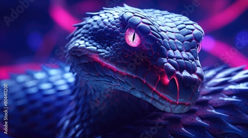 Close Up Of A Snake Head Under Neon Lights Purple Pink - Generative AI