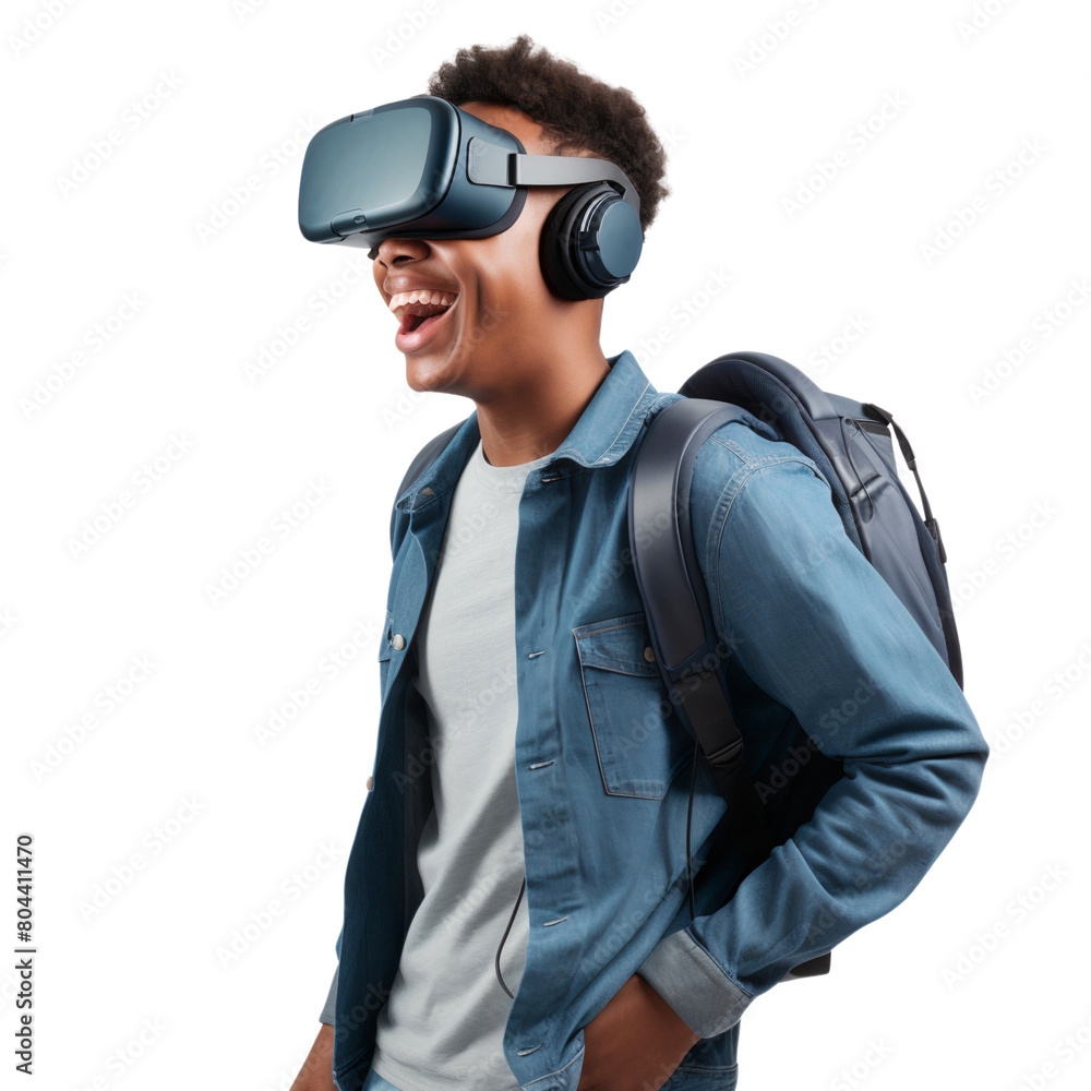 Portrait of a young smiling cheerful fun boy wearing shirt casual clothes watching in VR headset, isolated on transparent background Portrait of a young smiling cheerful fun boy wearing shirt casual clothes watching in VR headset, isolated on transparent background