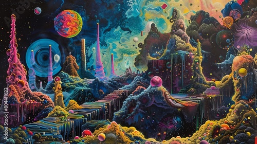 depicting nanotechnology merging with dreamlike utopian landscapes in vivid acrylic colors photo