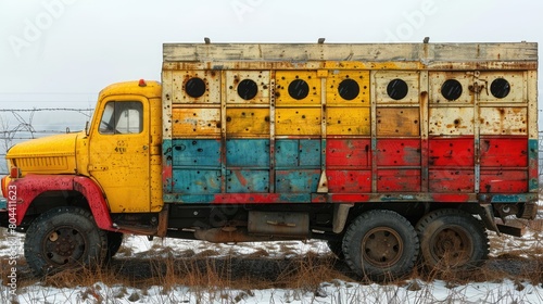 Close-up of a multi-colored rural mobile bee truck parked in the countryside; Braov County, Transylvania, Romania, 8k Genrative AI photo