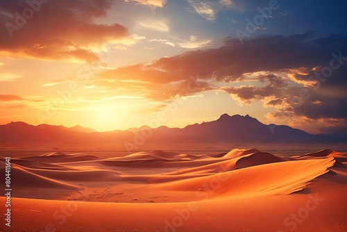 Desert at sunset, vast sand dunes, warm golden hues, panoramic, low angle