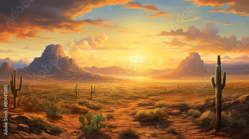Desert landscape with cacti under blazing sunset, expansive view photo