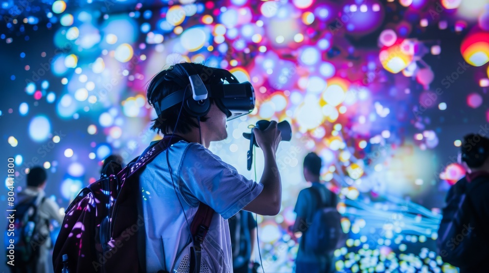 A person wearing a virtual reality headset is standing in front of a display of fireworks, experiencing an immersive visual and auditory virtual reality environment. A person wearing a virtual reality headset is standing in front of a display of fireworks, experiencing an immersive visual and auditory virtual reality environment.