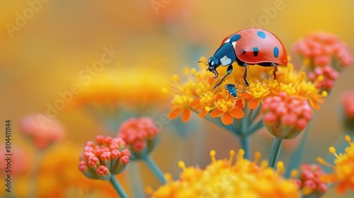 Close-up of a yellow flowering dill plant (Anethum graveolens) with a ladybug (Coccinellidae); Calgary, Alberta, Canada Genrative AI photo