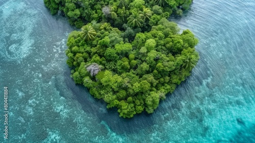 An aerial view of a heart-shaped tropical island, epitomizing vacation, relaxation, and nature