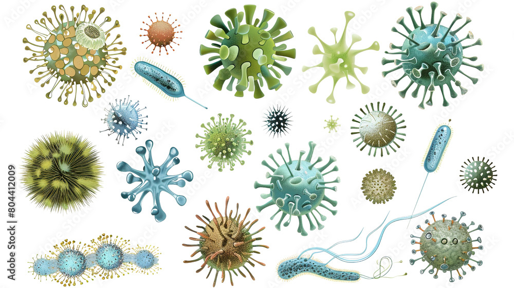 Set of microbes and viruses isolated on white background. Set of microbes and viruses isolated on white background.
