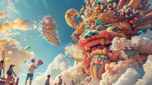 Design a captivating digital artwork of a cultural festival in surrealism style, featuring exaggerated proportions, whimsical elements, and unforeseen perspectives such as extreme close-ups or extreme photo