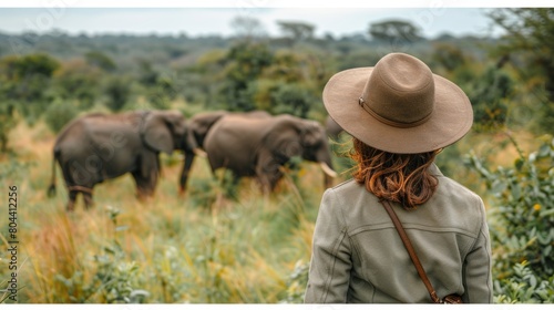 Woman in safari vehicle watching elephant in savanna on summer expedition in search of wildlife