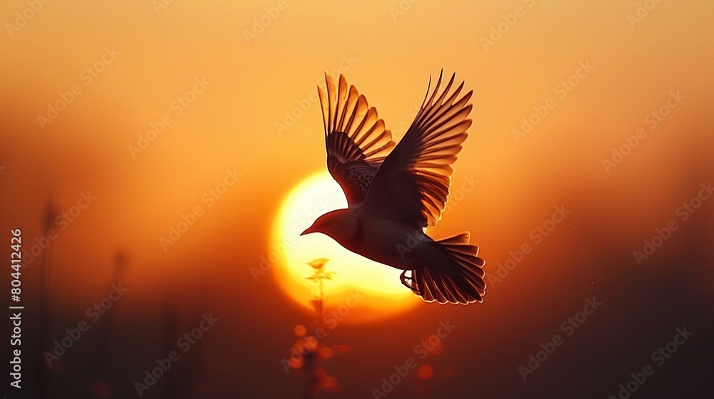 Obraz premium Bird Flying at Sunset Capture the silhouette of a single bird flying across the sunset