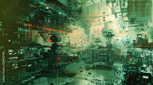 Design a dynamic digital glitch art piece featuring a wide-angle view of a robotics laboratory in chaos  with distorted elements hinting at a malfunction or cyber-attack  blending creativity with tech