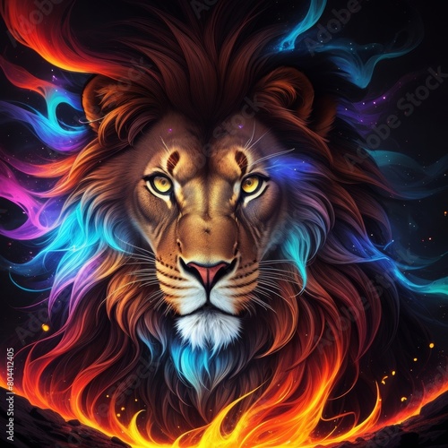 Portrait Illustration Of A Lion On A Colorful Nebula In The Space  Closeup  Stars In The Background
