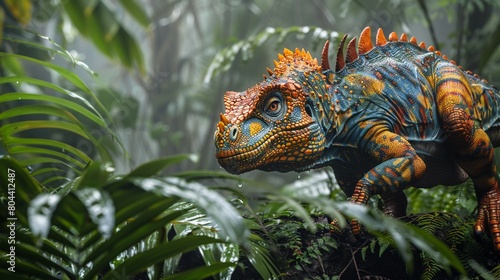 Camouflaged Carnotaurus Among Jungle Flora Imagine a Carnotaurus with skin patterns that mimic the textures and colors of the rainforest, cleverly camouflaged among dense jungle flora photo
