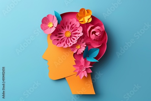World mental health day concept. Paper human head symbol and flowers on blue background © Inna