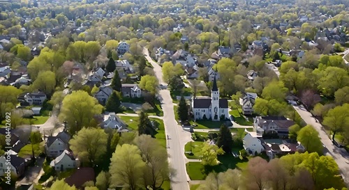 Aerial reveal of urban houses and church with trees blossoming in spring American city during April photo