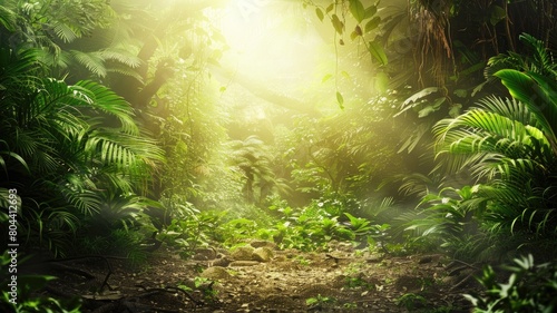 Sunlight filtering through dense jungle foliage onto forest floor