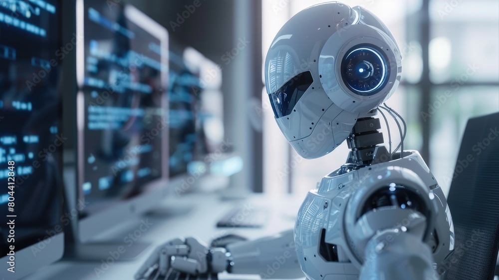 Robot with humanoid head and torso facing monitor setup in high-tech room Robot with humanoid head and torso facing monitor setup in high-tech room
