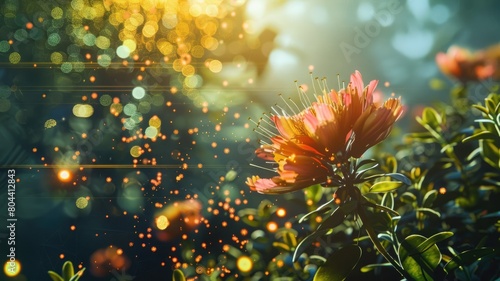 Orange flower illuminated by golden sunlight with bokeh effects