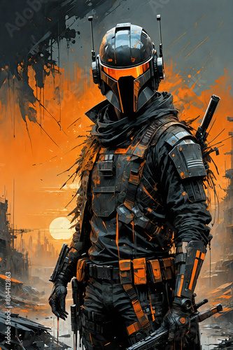 Guardian in night vision helmet on dramatic background of ruined city. Illustration for fantasy fiction or computer game. AI generative.