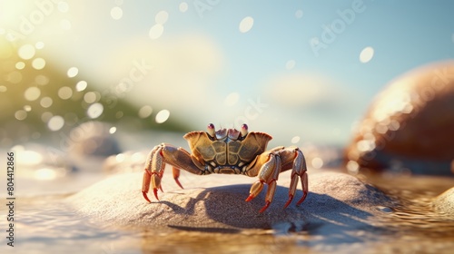 Crab On The River Beach Closeup Portrait Bokeh Blurred Background - Generative AI photo