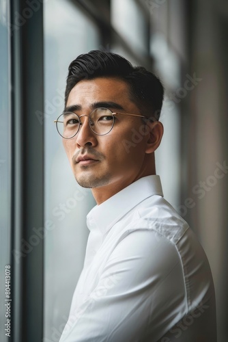 Handsome 45 years old gentle Korean man, wearing glasses, formal slick hairstyle, smooth beardless face i photo