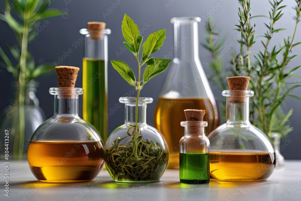 Delve into natural drug research with organic extraction in glassware. Explore alternative herbal medicine and skincare products in a laboratory setting Delve into natural drug research with organic extraction in glassware. Explore alternative herbal medicine and skincare products in a laboratory setting
