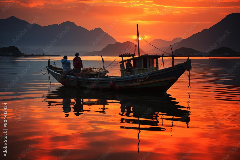 A lone fishing boat sits on a calm lake at sunset. The sky is ablaze with color, and the water reflects the vibrant hues.