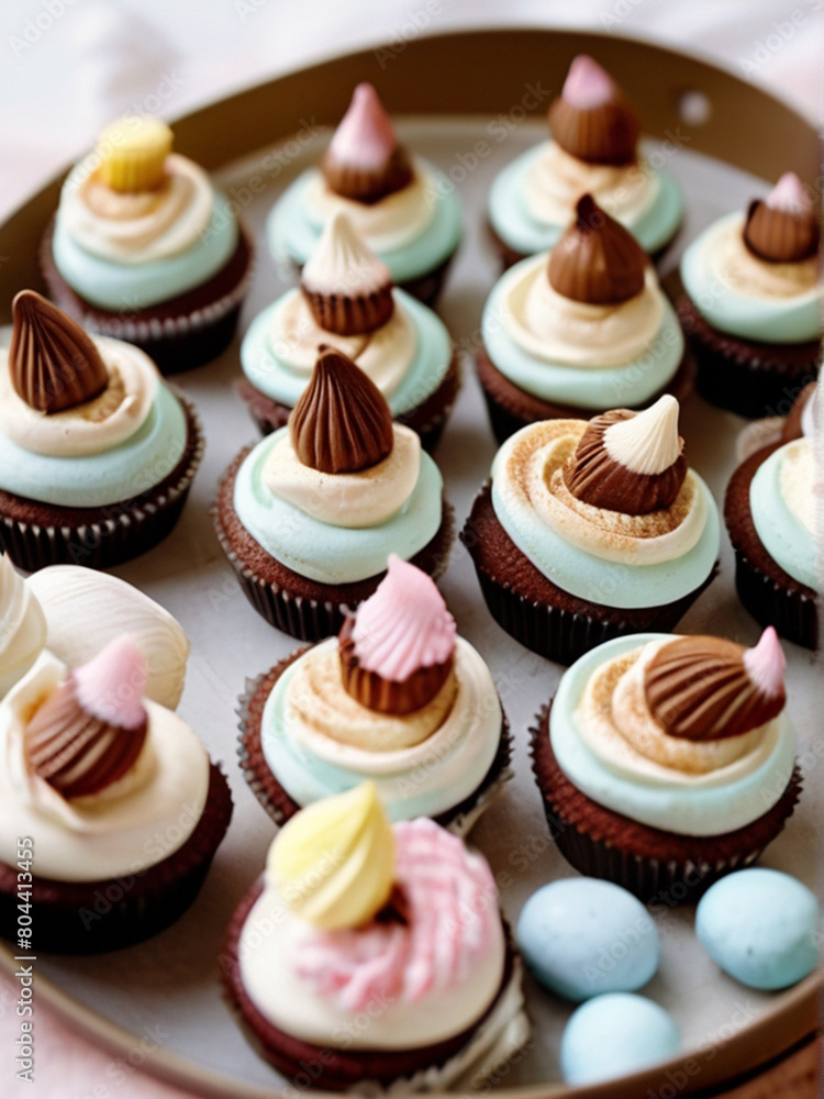 Tray full of delicious sweet chocolate cupcakes with vanilla frosting Tray full of delicious sweet chocolate cupcakes with vanilla frosting