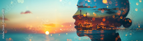 Double exposure of woman with oil rig silhouette, innovation theme, clean background, cover banner, soft twilight hues, with copy space photo