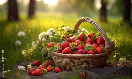 a basket of strawberries on a blanket in the grass with the sun shining through the trees behind it