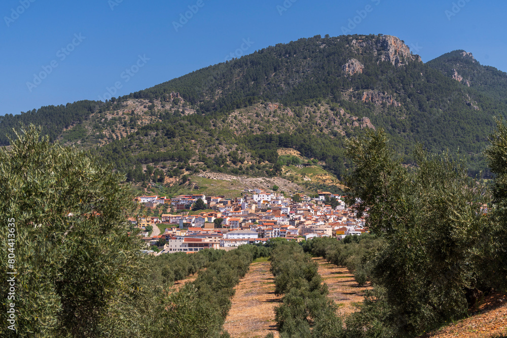 Orcera, view of the town between olives, Jaén province, Andalusia, Spain
