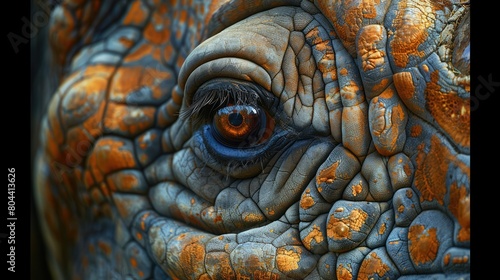 Close-up of the eye and wrinkled skin on the face of an Indian rhinoceros (Rhinocerus unicornis) in a wildlife adventure park; Salina, Kansas, United States of America Genrative Ai photo
